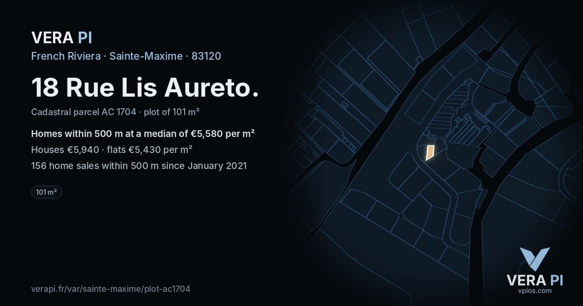 18 Rue Lis Aureto, Sainte-Maxime at night – the plot lit, the parcels around coloured by the prices near them