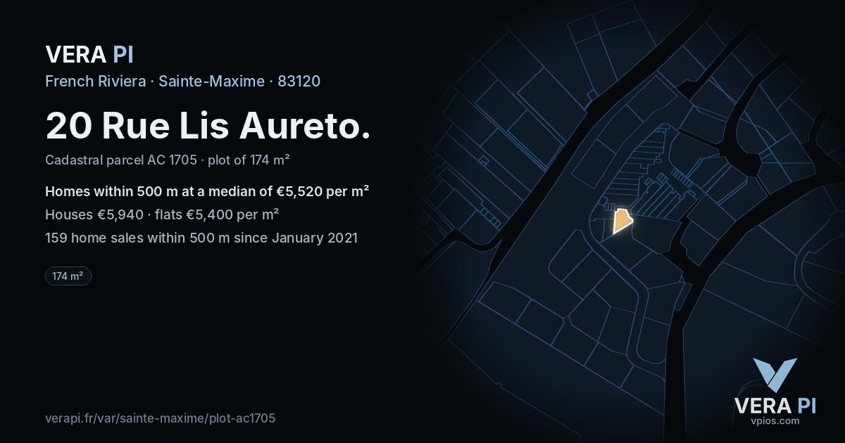 20 Rue Lis Aureto, Sainte-Maxime at night – the plot lit, the parcels around coloured by the prices near them