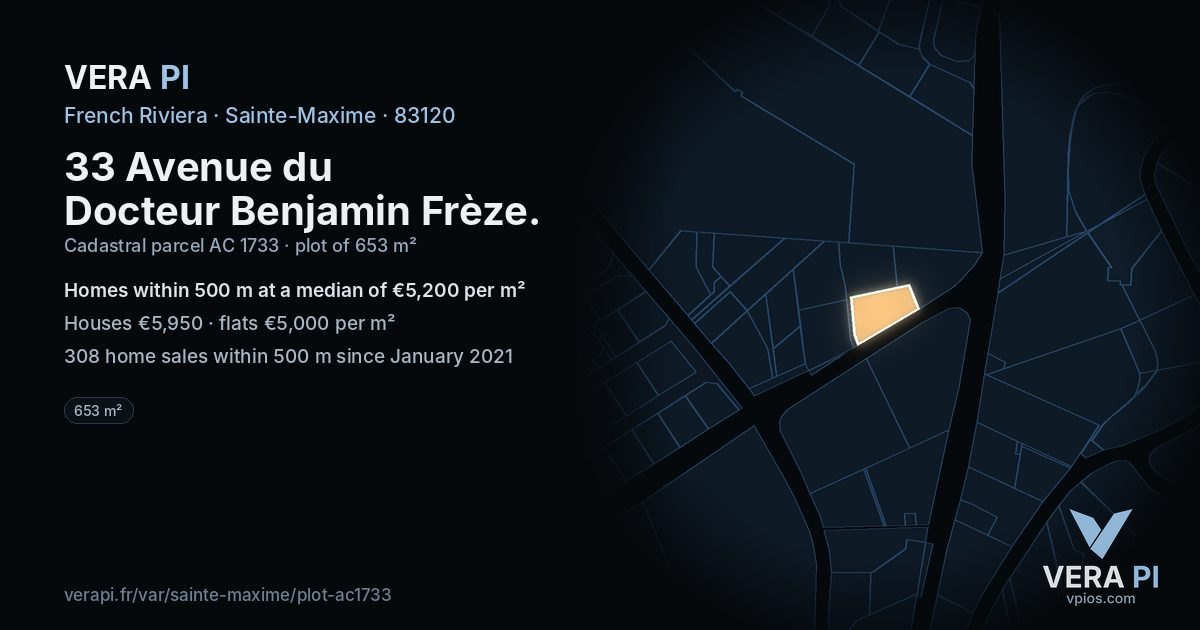 33 Avenue du Docteur Benjamin Frèze, Sainte-Maxime at night – the plot lit, the parcels around coloured by the prices near them