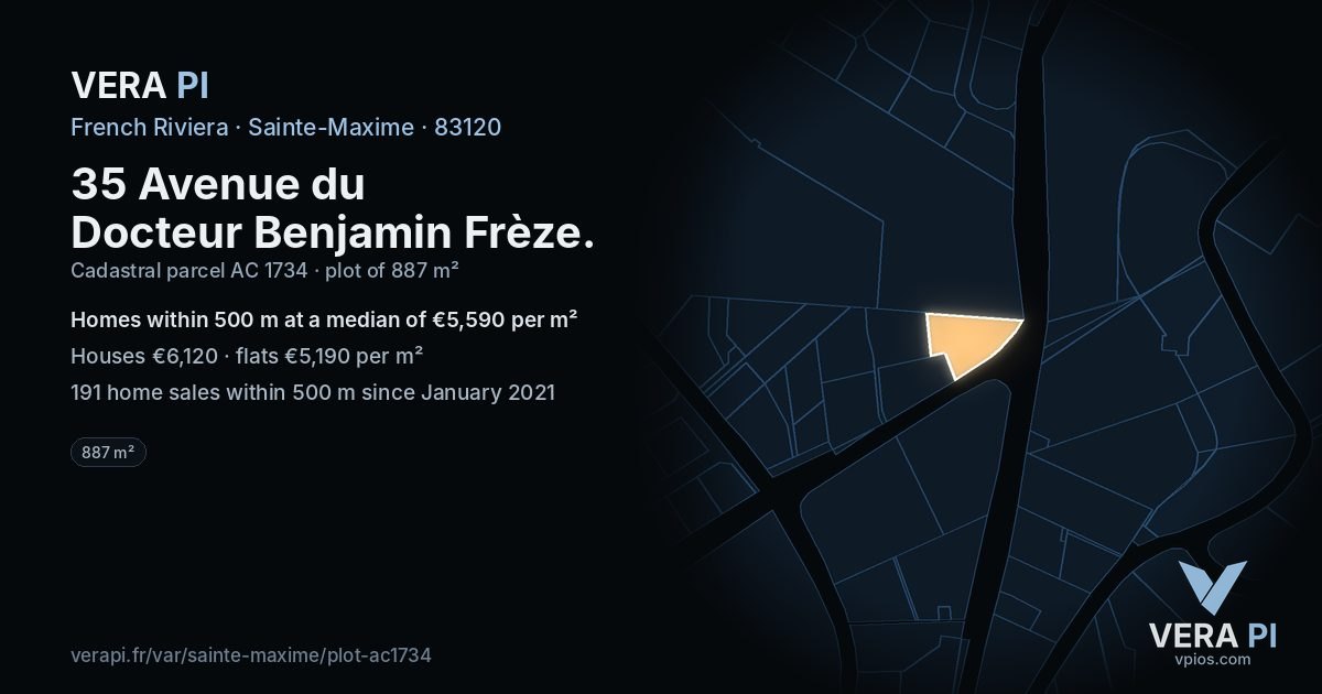 35 Avenue du Docteur Benjamin Frèze, Sainte-Maxime at night – the plot lit, the parcels around coloured by the prices near them