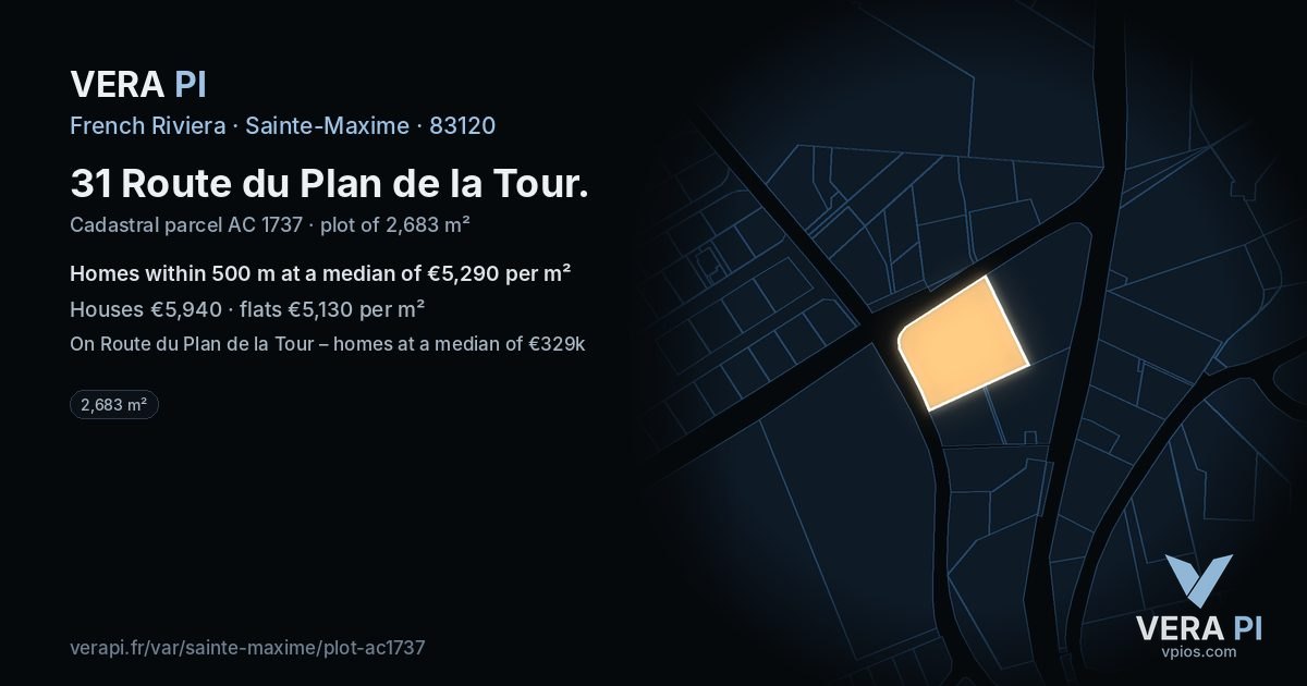 31 Route du Plan de la Tour, Sainte-Maxime at night – the plot lit, the parcels around coloured by the prices near them