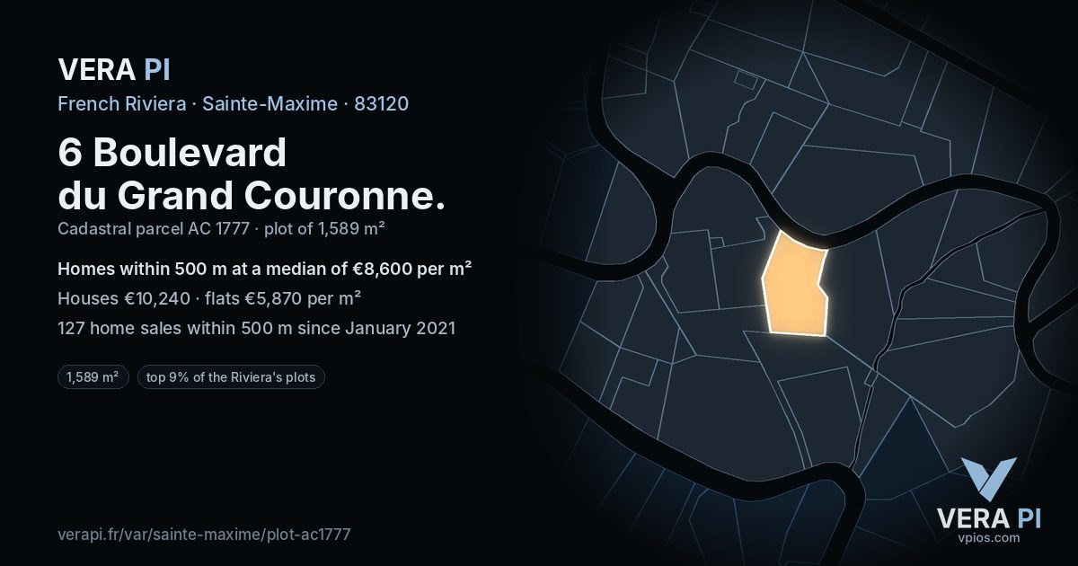 6 Boulevard du Grand Couronne, Sainte-Maxime at night – the plot lit, the parcels around coloured by the prices near them
