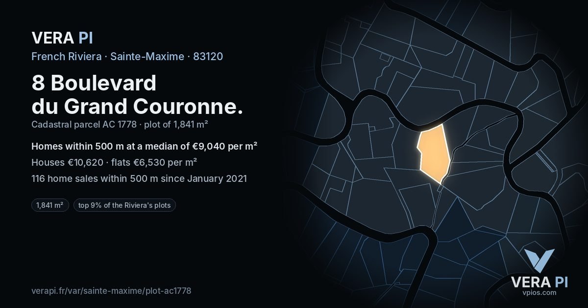 8 Boulevard du Grand Couronne, Sainte-Maxime at night – the plot lit, the parcels around coloured by the prices near them