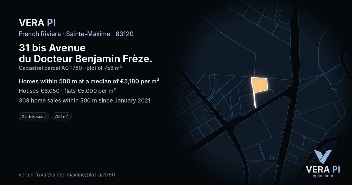 31 bis Avenue du Docteur Benjamin Frèze, Sainte-Maxime at night – the plot lit, the parcels around coloured by the prices near them