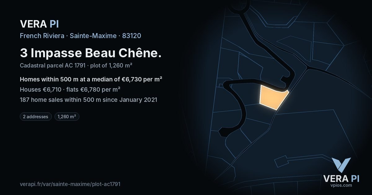 3 Impasse Beau Chêne, Sainte-Maxime at night – the plot lit, the parcels around coloured by the prices near them