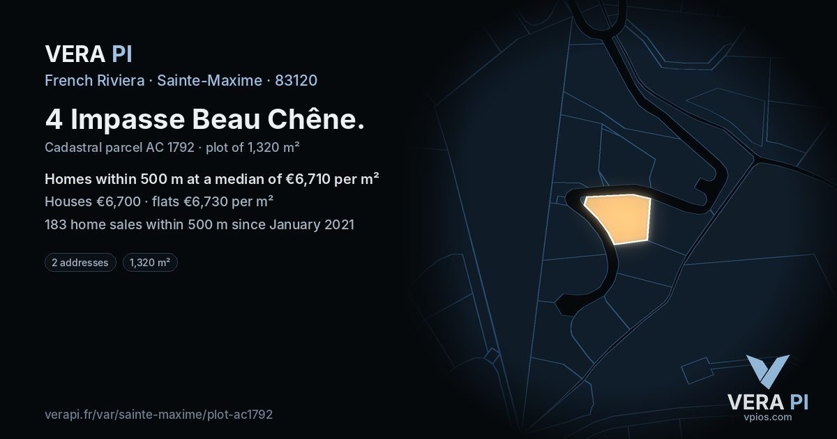 4 Impasse Beau Chêne, Sainte-Maxime at night – the plot lit, the parcels around coloured by the prices near them