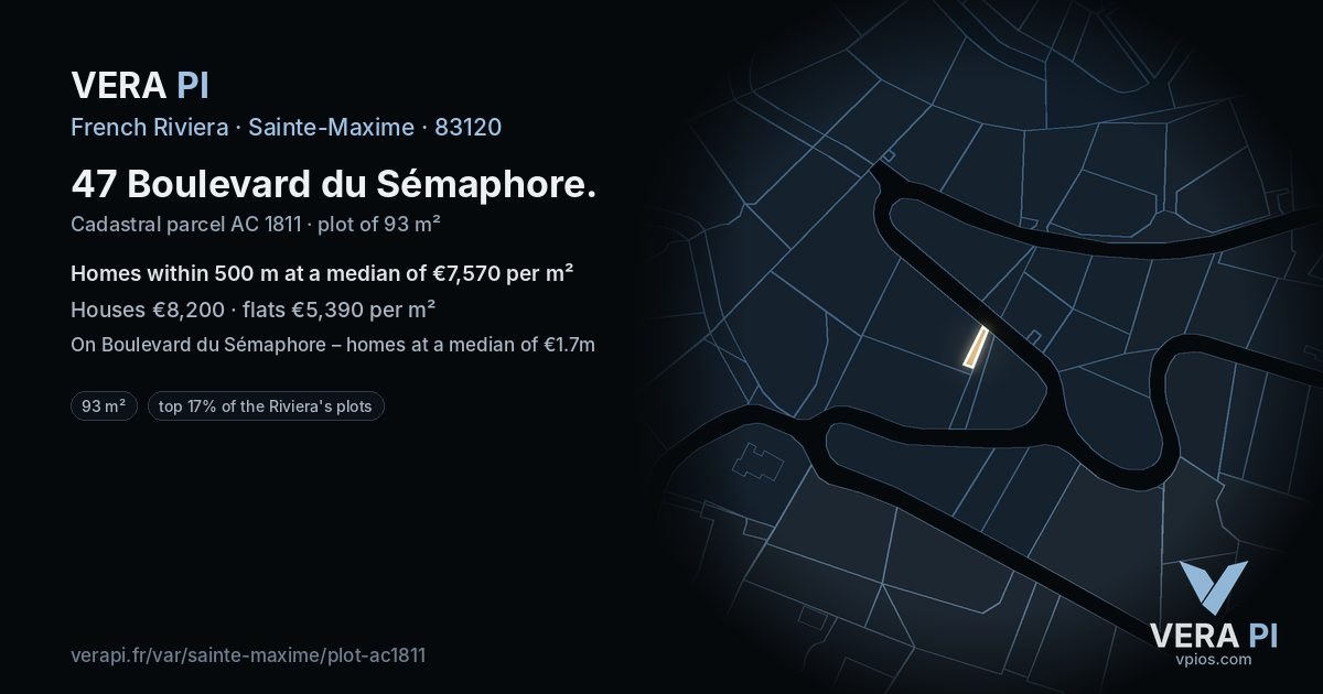 47 Boulevard du Sémaphore, Sainte-Maxime at night – the plot lit, the parcels around coloured by the prices near them