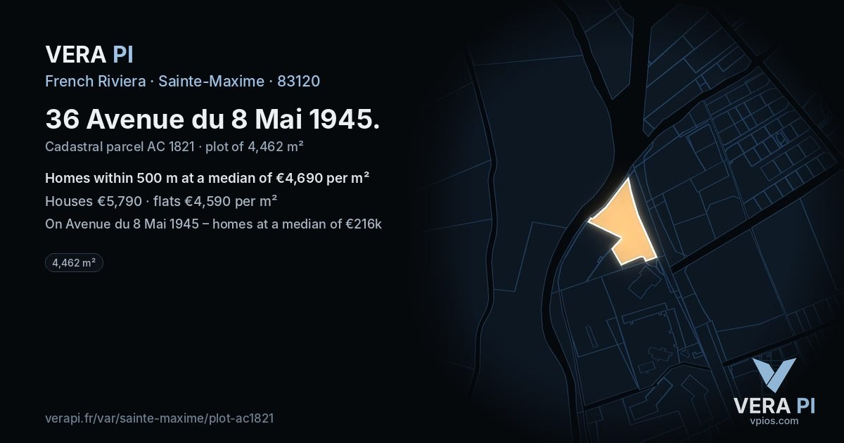 36 Avenue du 8 Mai 1945, Sainte-Maxime at night – the plot lit, the parcels around coloured by the prices near them