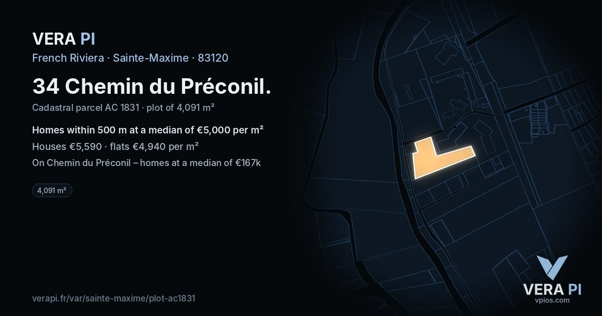 34 Chemin du Préconil, Sainte-Maxime at night – the plot lit, the parcels around coloured by the prices near them