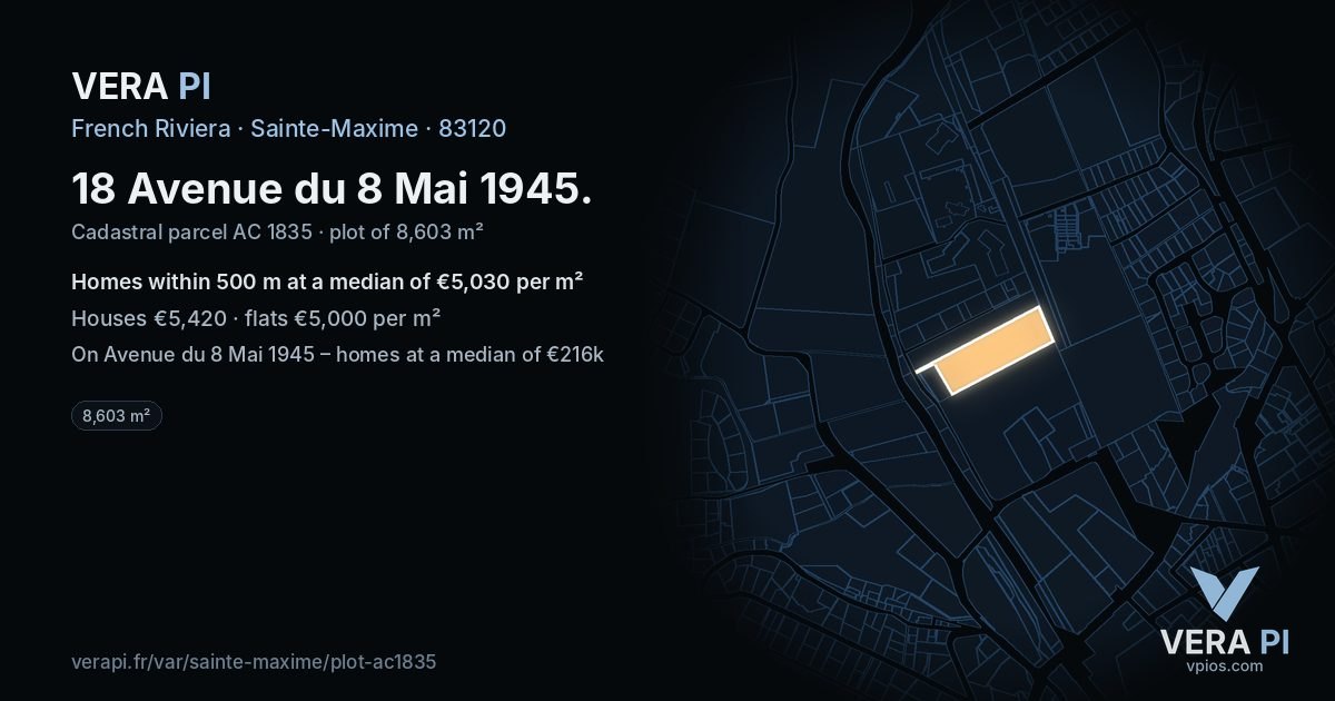 18 Avenue du 8 Mai 1945, Sainte-Maxime at night – the plot lit, the parcels around coloured by the prices near them