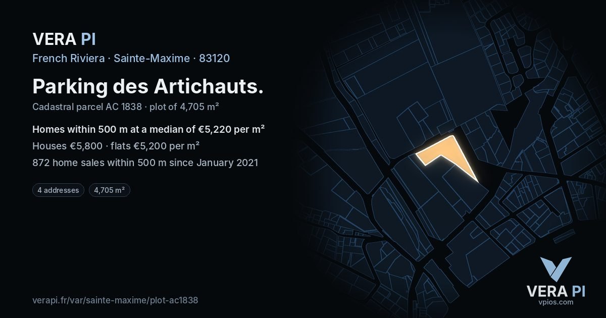 Parking des Artichauts, Sainte-Maxime at night – the plot lit, the parcels around coloured by the prices near them