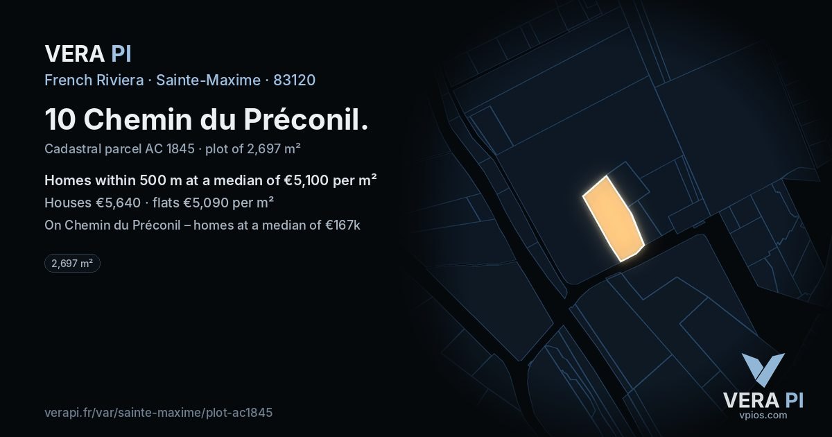 10 Chemin du Préconil, Sainte-Maxime at night – the plot lit, the parcels around coloured by the prices near them