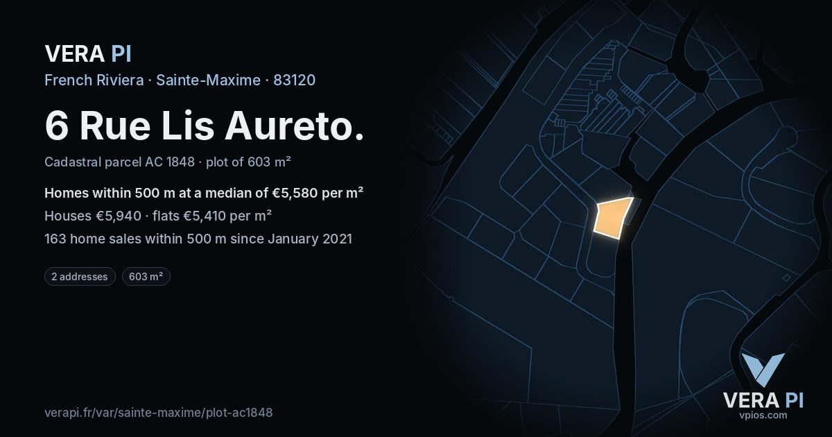 6 Rue Lis Aureto, Sainte-Maxime at night – the plot lit, the parcels around coloured by the prices near them