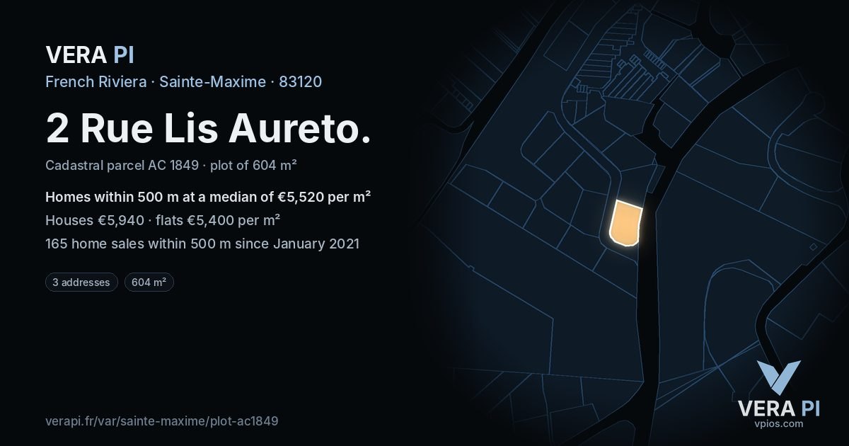 2 Rue Lis Aureto, Sainte-Maxime at night – the plot lit, the parcels around coloured by the prices near them