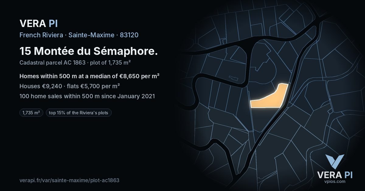 15 Montée du Sémaphore, Sainte-Maxime at night – the plot lit, the parcels around coloured by the prices near them