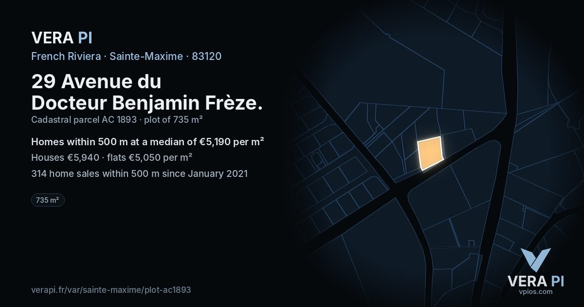 29 Avenue du Docteur Benjamin Frèze, Sainte-Maxime at night – the plot lit, the parcels around coloured by the prices near them