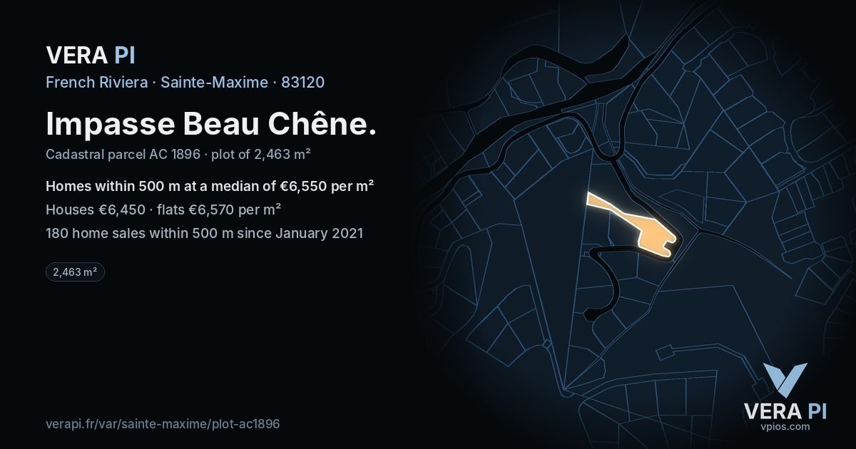 Impasse Beau Chêne, Sainte-Maxime at night – the plot lit, the parcels around coloured by the prices near them