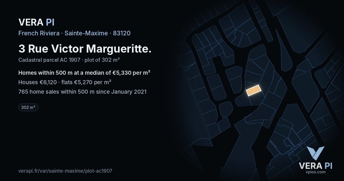3 Rue Victor Margueritte, Sainte-Maxime at night – the plot lit, the parcels around coloured by the prices near them