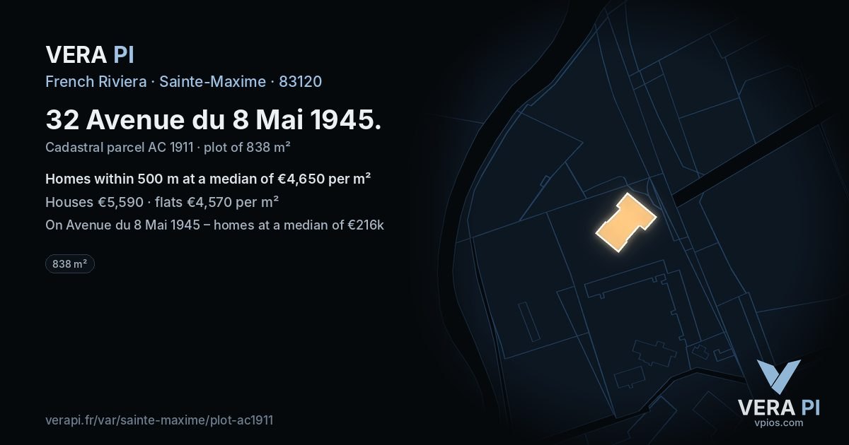 32 Avenue du 8 Mai 1945, Sainte-Maxime at night – the plot lit, the parcels around coloured by the prices near them