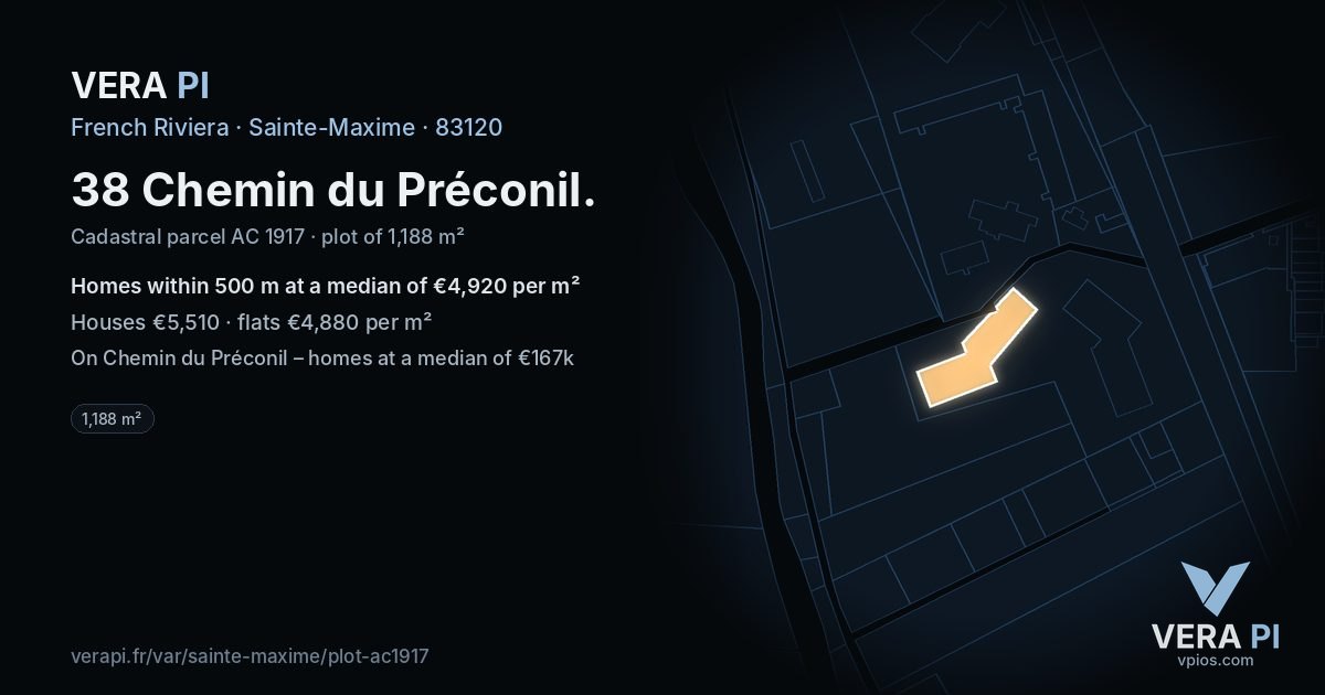 38 Chemin du Préconil, Sainte-Maxime at night – the plot lit, the parcels around coloured by the prices near them