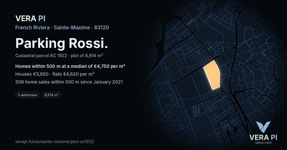 Parking Rossi, Sainte-Maxime at night – the plot lit, the parcels around coloured by the prices near them
