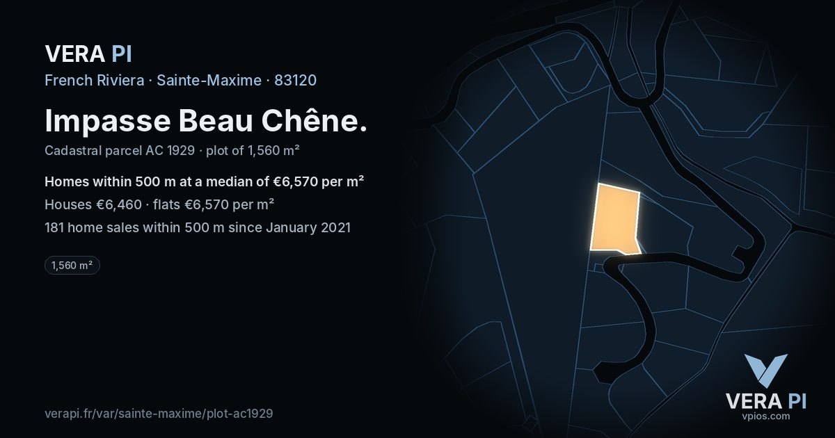 Impasse Beau Chêne, Sainte-Maxime at night – the plot lit, the parcels around coloured by the prices near them