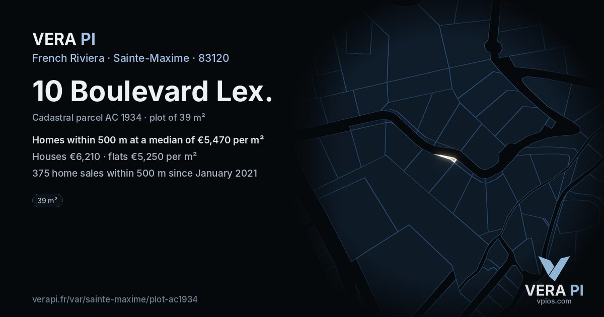 10 Boulevard Lex, Sainte-Maxime at night – the plot lit, the parcels around coloured by the prices near them