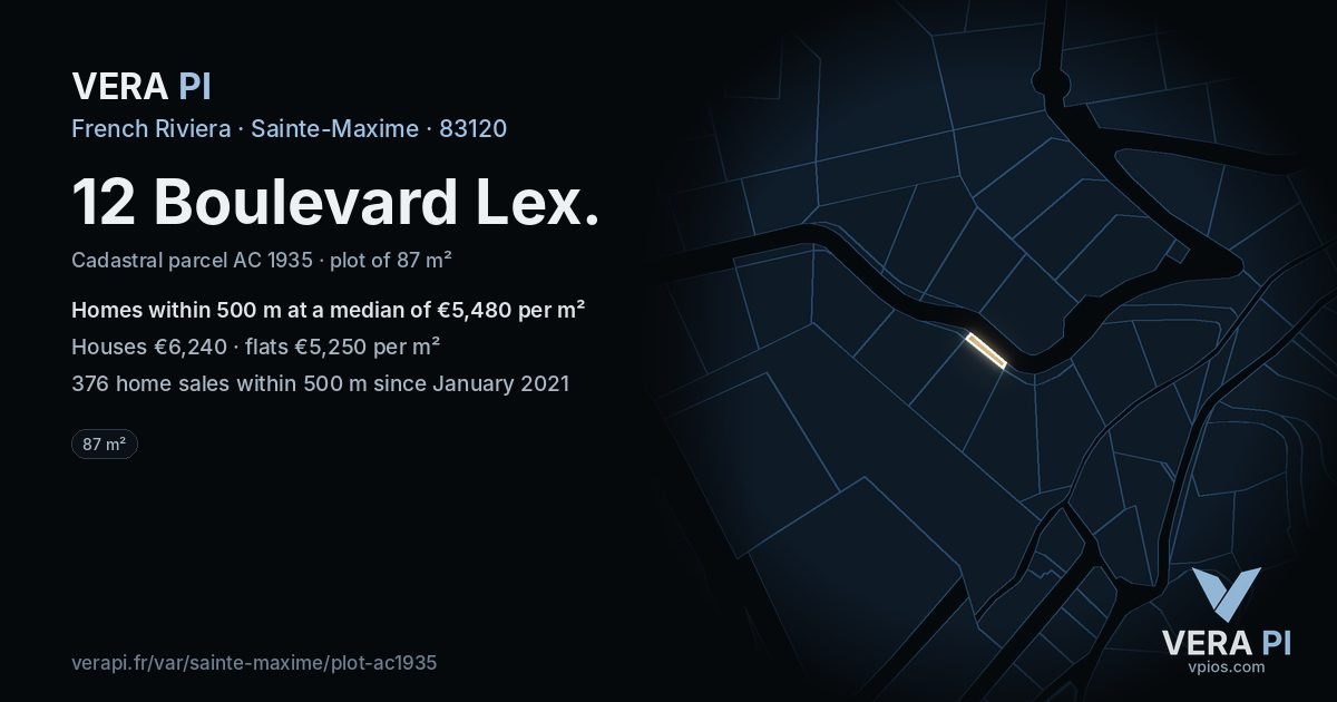 12 Boulevard Lex, Sainte-Maxime at night – the plot lit, the parcels around coloured by the prices near them