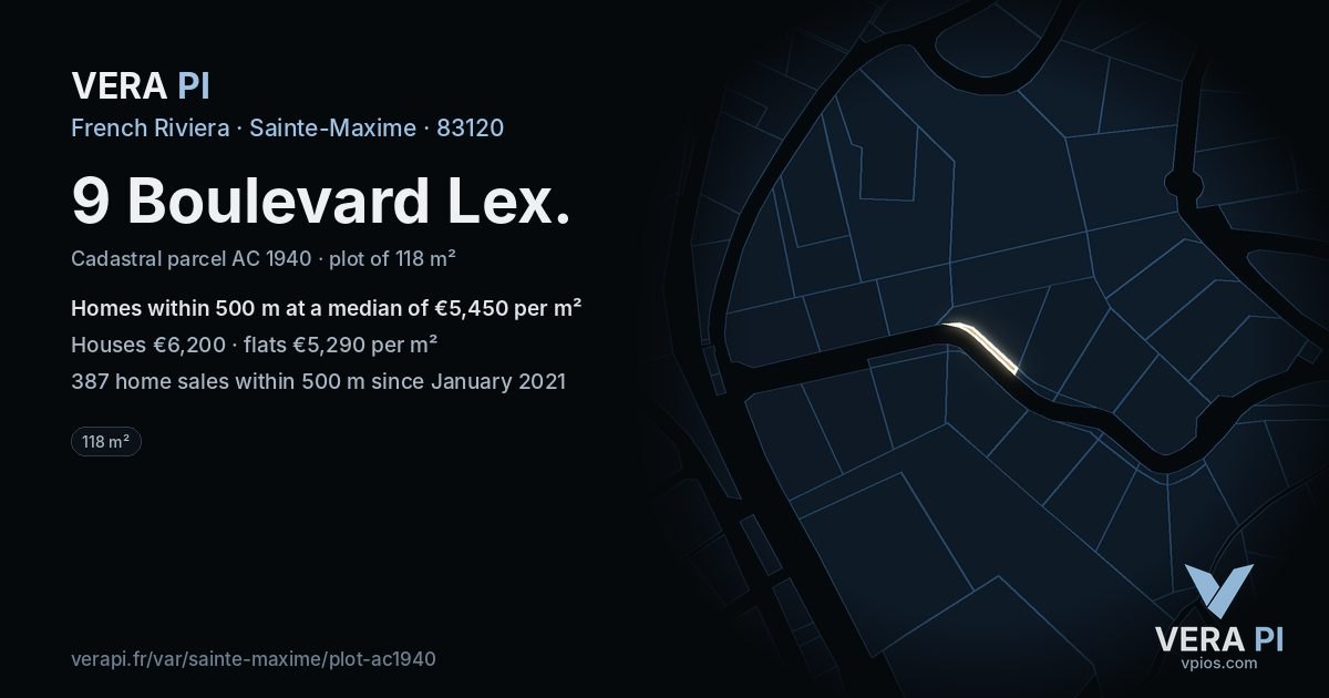 9 Boulevard Lex, Sainte-Maxime at night – the plot lit, the parcels around coloured by the prices near them