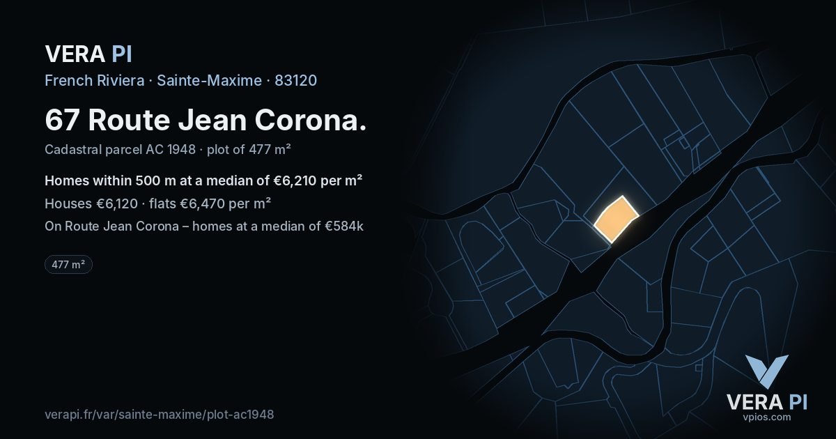 67 Route Jean Corona, Sainte-Maxime at night – the plot lit, the parcels around coloured by the prices near them