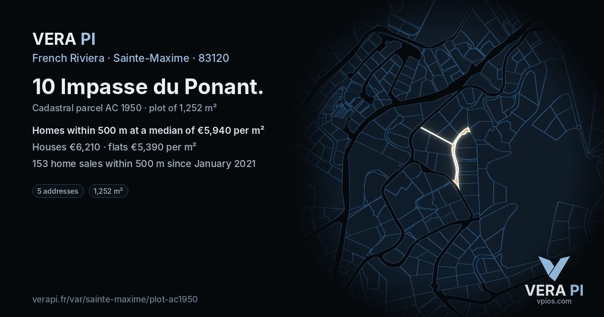10 Impasse du Ponant, Sainte-Maxime at night – the plot lit, the parcels around coloured by the prices near them