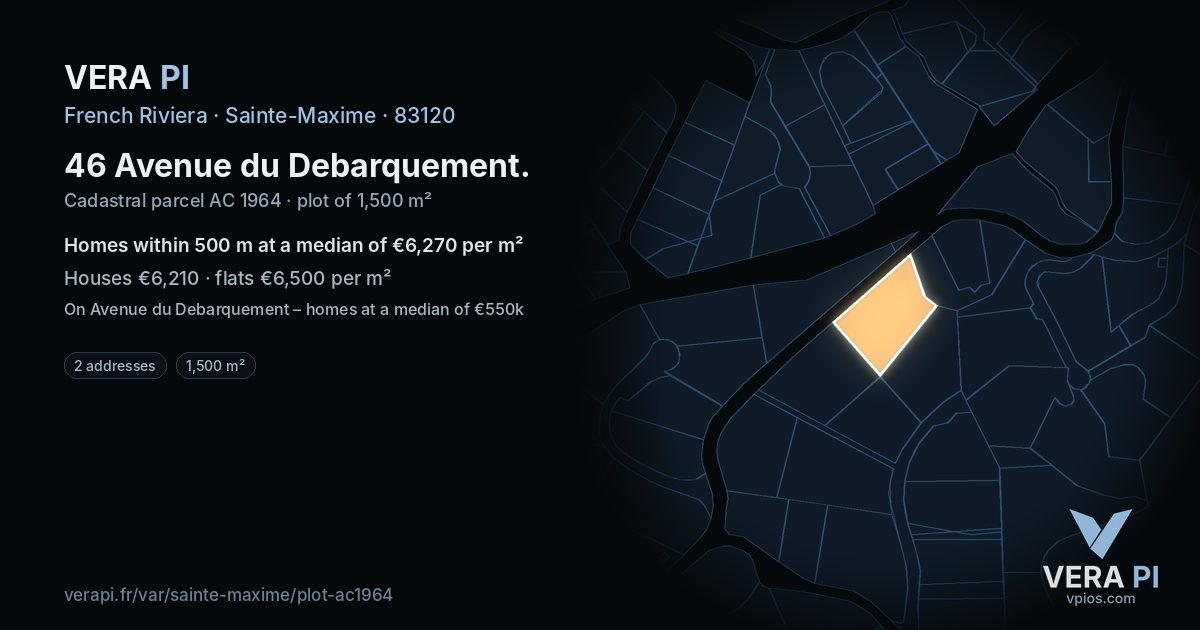46 Avenue du Debarquement, Sainte-Maxime at night – the plot lit, the parcels around coloured by the prices near them