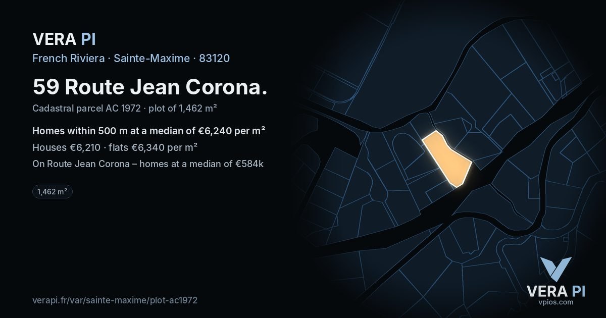 59 Route Jean Corona, Sainte-Maxime at night – the plot lit, the parcels around coloured by the prices near them