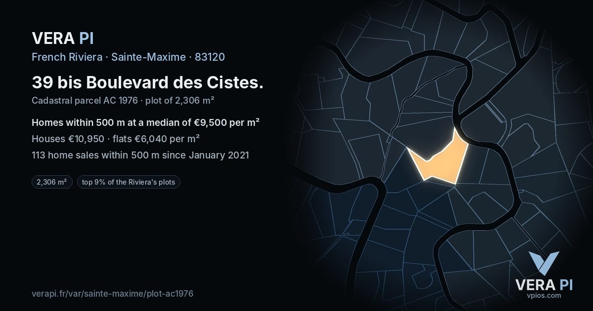 39 bis Boulevard des Cistes, Sainte-Maxime at night – the plot lit, the parcels around coloured by the prices near them