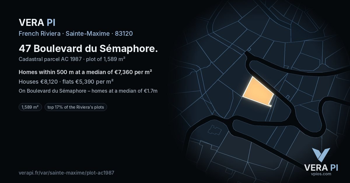 47 Boulevard du Sémaphore, Sainte-Maxime at night – the plot lit, the parcels around coloured by the prices near them