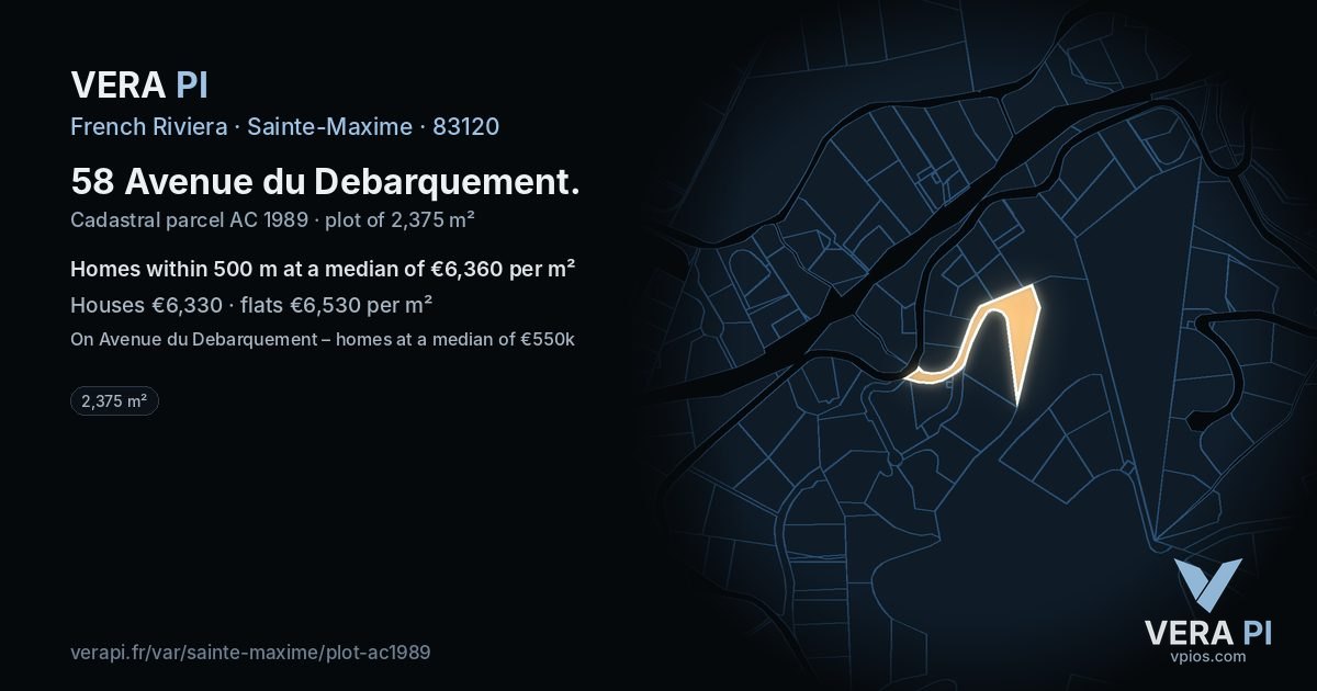 58 Avenue du Debarquement, Sainte-Maxime at night – the plot lit, the parcels around coloured by the prices near them
