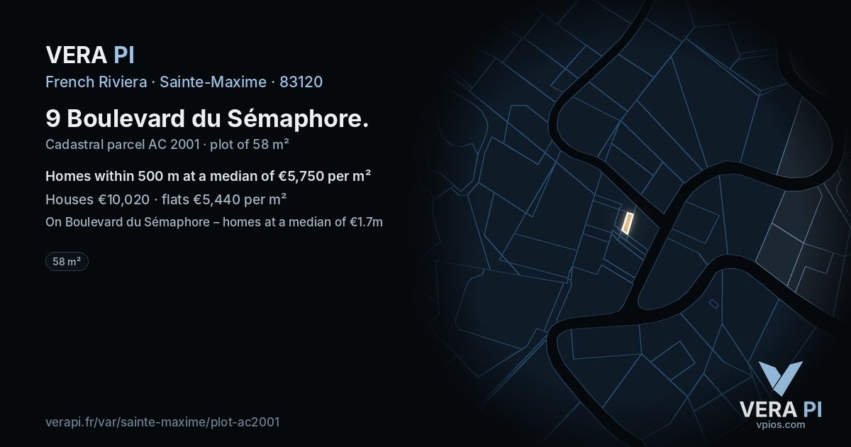 9 Boulevard du Sémaphore, Sainte-Maxime at night – the plot lit, the parcels around coloured by the prices near them