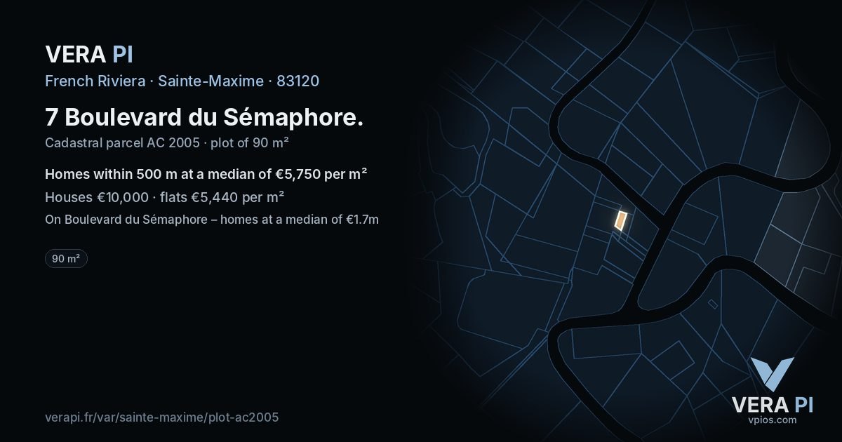 7 Boulevard du Sémaphore, Sainte-Maxime at night – the plot lit, the parcels around coloured by the prices near them
