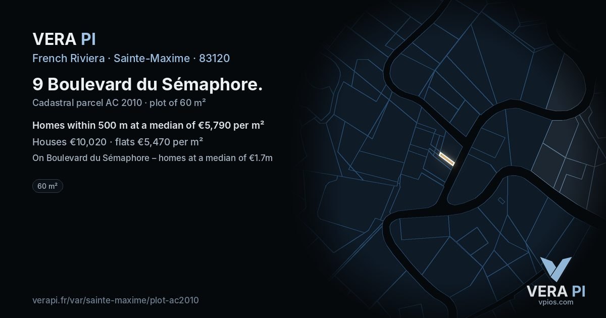 9 Boulevard du Sémaphore, Sainte-Maxime at night – the plot lit, the parcels around coloured by the prices near them