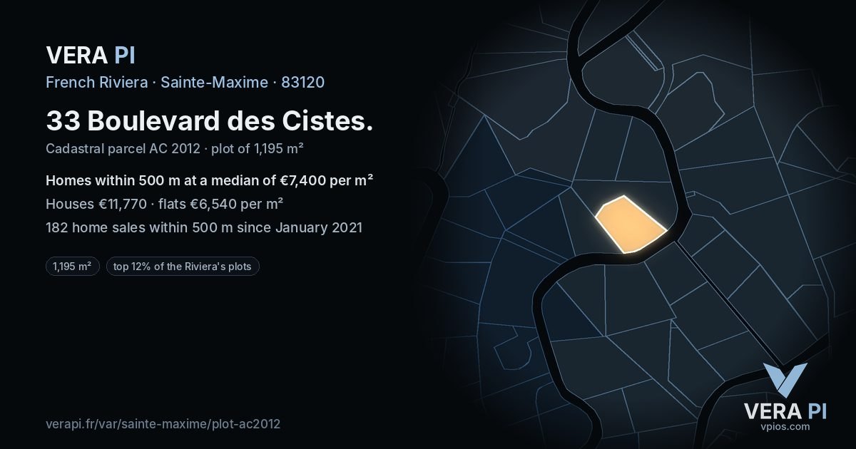 33 Boulevard des Cistes, Sainte-Maxime at night – the plot lit, the parcels around coloured by the prices near them