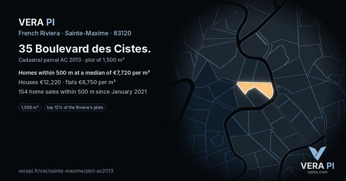 35 Boulevard des Cistes, Sainte-Maxime at night – the plot lit, the parcels around coloured by the prices near them