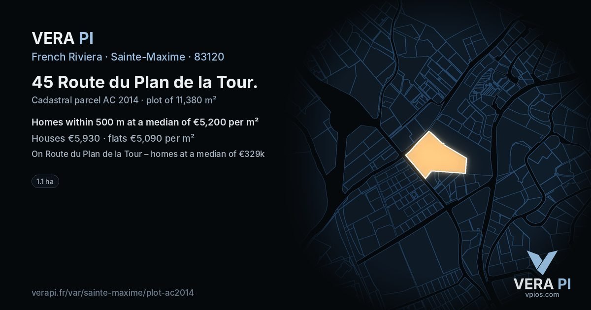 45 Route du Plan de la Tour, Sainte-Maxime at night – the plot lit, the parcels around coloured by the prices near them