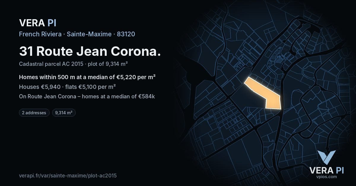 31 Route Jean Corona, Sainte-Maxime at night – the plot lit, the parcels around coloured by the prices near them