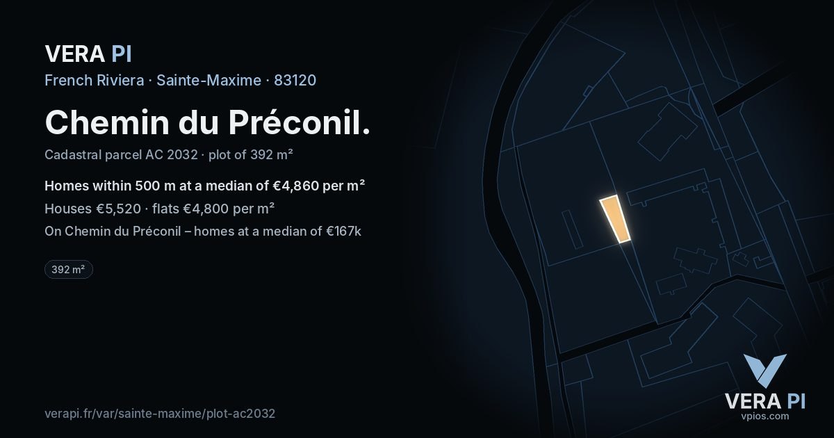 Chemin du Préconil, Sainte-Maxime at night – the plot lit, the parcels around coloured by the prices near them