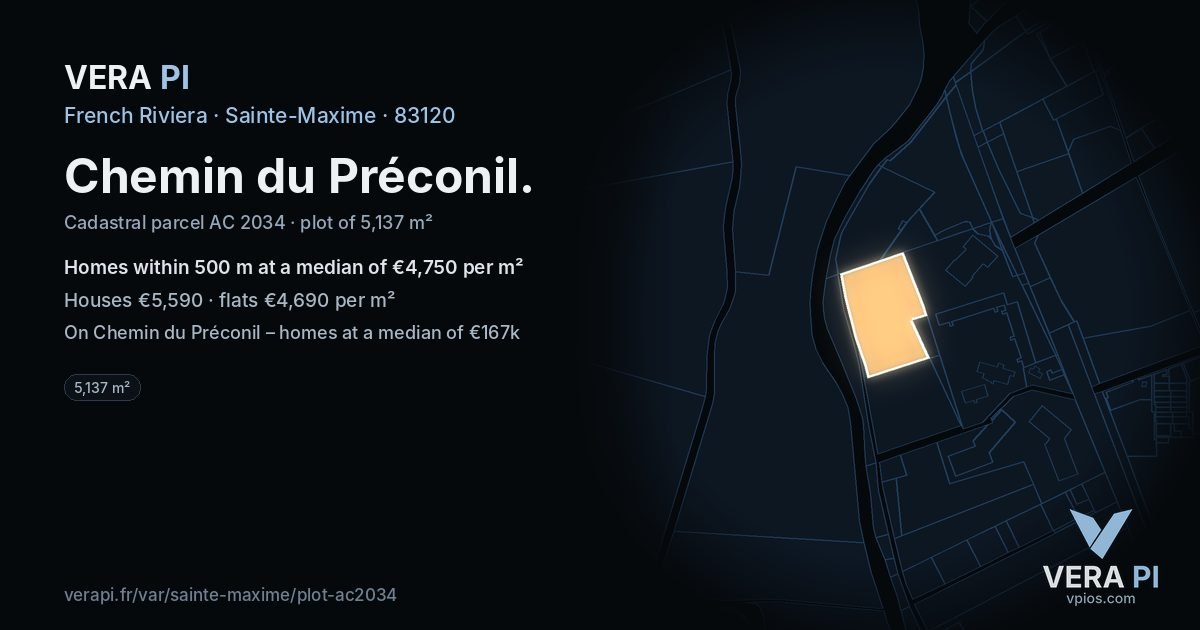 Chemin du Préconil, Sainte-Maxime at night – the plot lit, the parcels around coloured by the prices near them