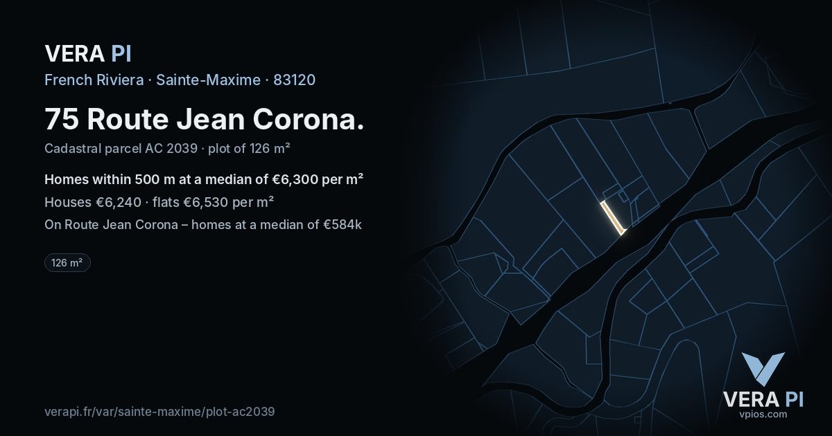 75 Route Jean Corona, Sainte-Maxime at night – the plot lit, the parcels around coloured by the prices near them