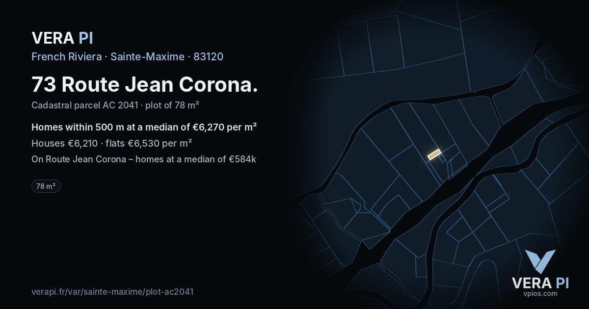 73 Route Jean Corona, Sainte-Maxime at night – the plot lit, the parcels around coloured by the prices near them