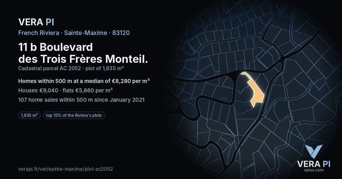 11 b Boulevard des Trois Frères Monteil, Sainte-Maxime at night – the plot lit, the parcels around coloured by the prices near them
