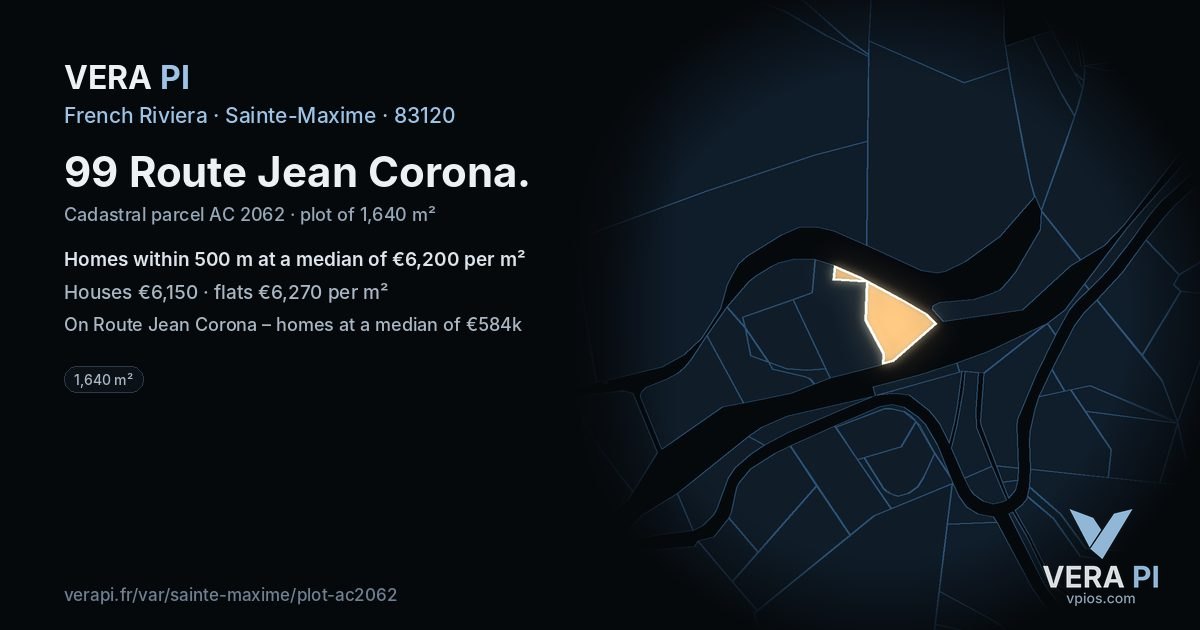99 Route Jean Corona, Sainte-Maxime at night – the plot lit, the parcels around coloured by the prices near them