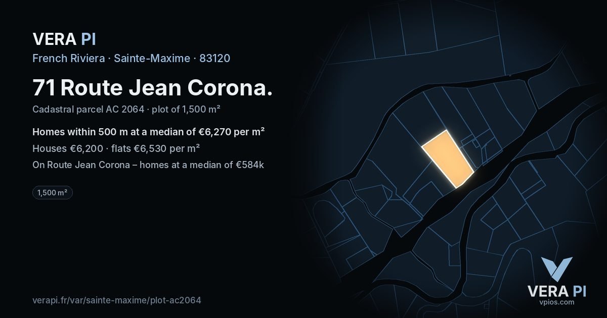 71 Route Jean Corona, Sainte-Maxime at night – the plot lit, the parcels around coloured by the prices near them